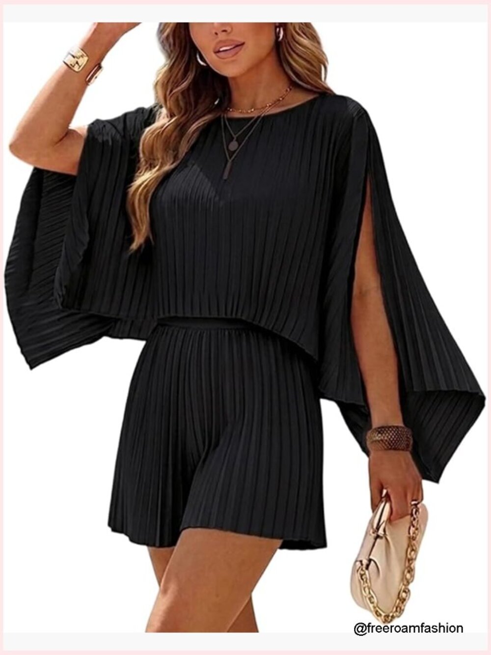 3 Piece Pleated Shorts Set - Off Shoulder Poncho Top & Wide Leg Shorts